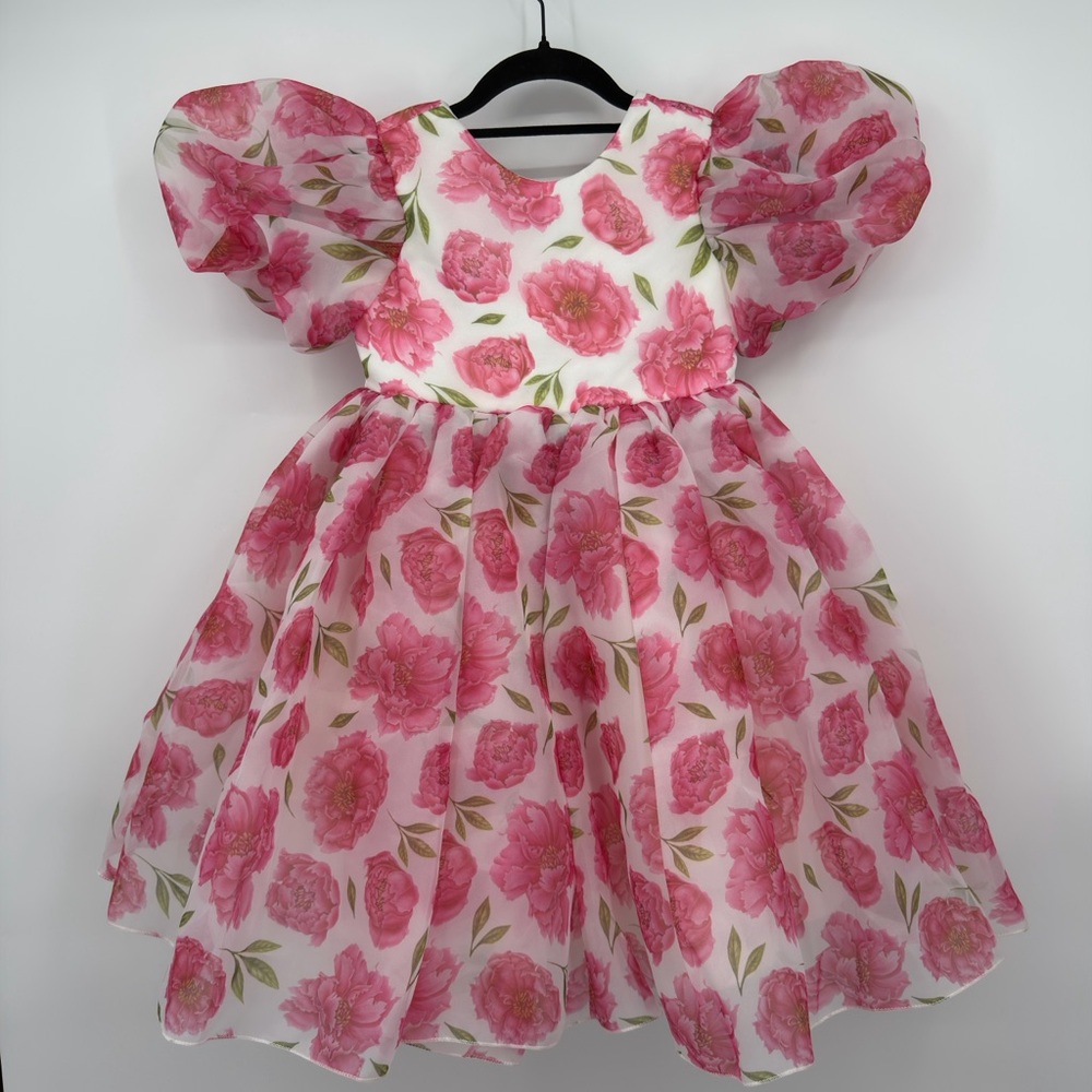 Pink Floral Puff Sleeve Formal Dress for Girls
